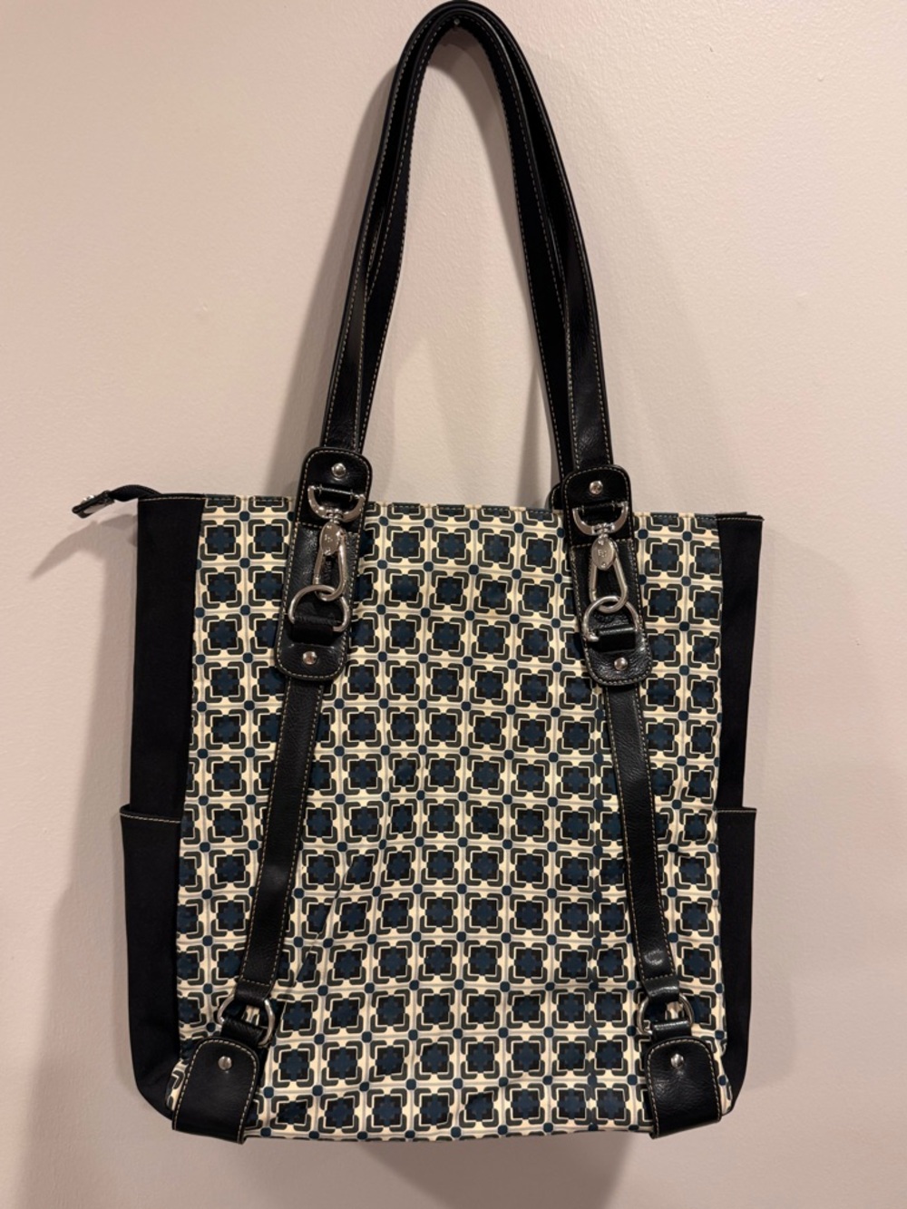 Franco Sarto Patterned Black, Dark Teal and Cream Tote with 2 smaller wallets